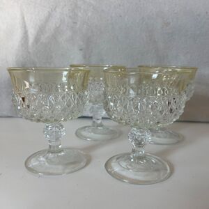 1960s Vintage Set of 4 Indiana Glass Diamond Point Pressed Glasses Wine Goblet